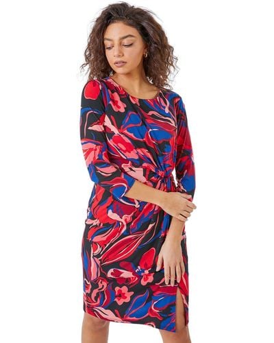 Roman Petite Abstract Floral Side Knot Dress - Red