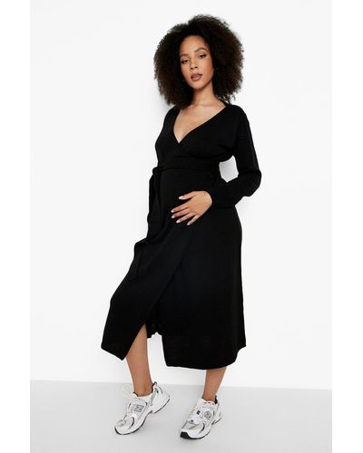 Boohoo Maternity Knit Wrap Tie Midi Dress - Black