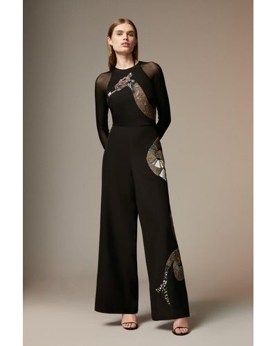 Karen Millen Petite Sequin And Embellished Woven Dragon Jumpsuit - Black
