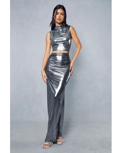MissPap Metallic Slinky Ruched Side Maxi Skirt - Blue
