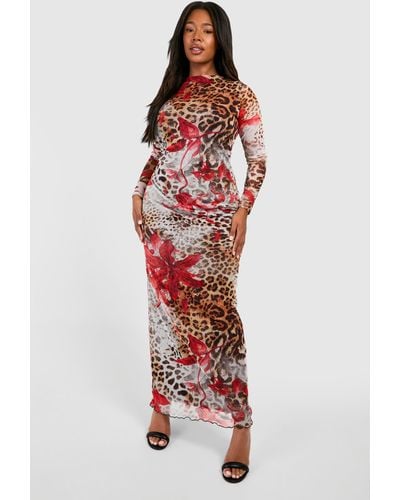 Boohoo Plus Floral Lepoard Mesh Low Back Maxi Dress - Red