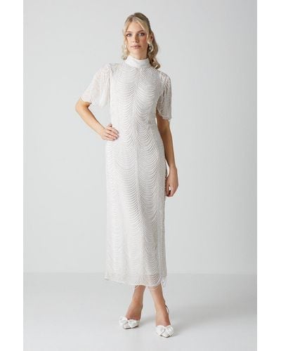 Coast Draped Pearl And Beaded Fringe Angel Sleeve Wedding Dress - White