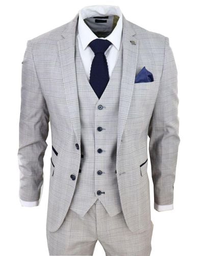 Paul Andrew 3 Piece Tan Check Tailored Fit Suit - Grey
