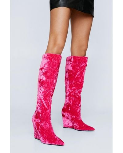 Nasty Gal Velvet Pointed Toe Wedge Knee High Boots - Pink
