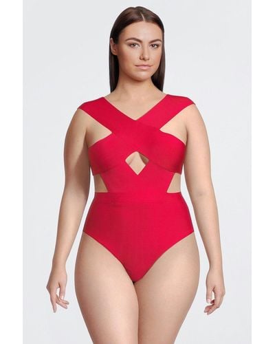 Karen Millen Plus Size Bandage Cross Front Cut Out Swimsuit - Red