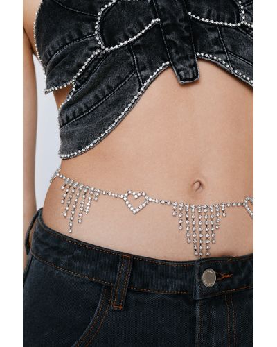 Nasty Gal Diamante Heart Belly Chain Belt - Black