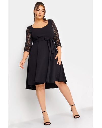 Yours Lace Sleeve Skater Dress - Black