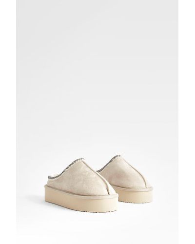 Boohoo Platform Embroidered Slip On Cosy Mules - Natural