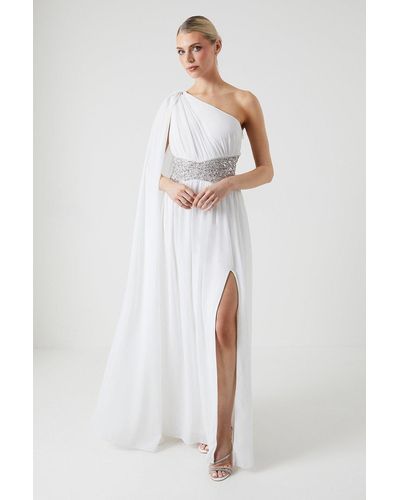 Coast Chiffon Cape Sleeve Wedding Dress With Beaded Waistband - White