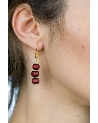 The Colourful Aura Three Red Sandalwood Pearl Drop Dangle Earrings - Brown