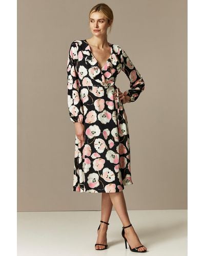 Wallis Black Floral Print Wrap Midi Dress - Natural