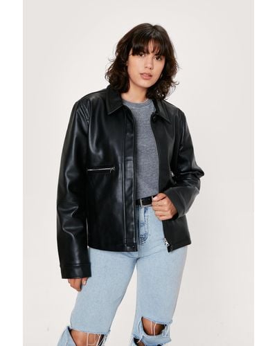 Nasty Gal Zip Through Faux Leather Harrington Jacket - Black