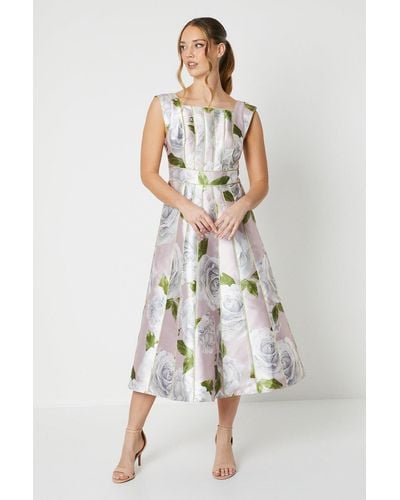 Coast Printed Twill Seamed Midi Dress With Piping - White