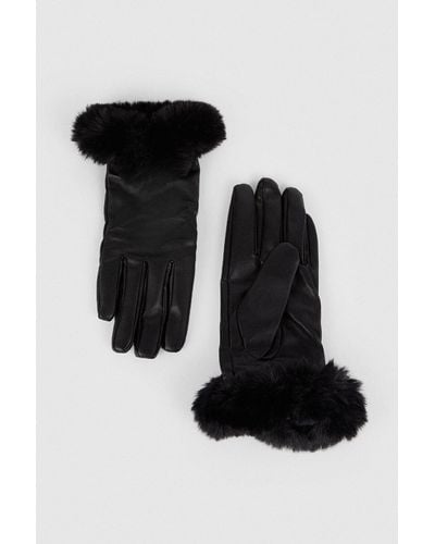 Oasis Faux Leather Fur Cuff Detail Soft Lined Gloves - Black