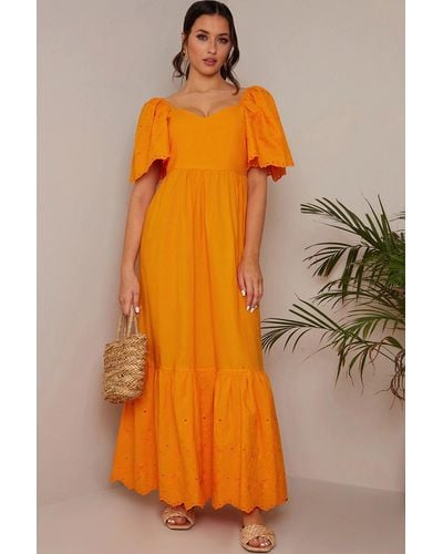 Chi Chi London Broderie Anglaise Sleeve Poplin Maxi Dress - Orange