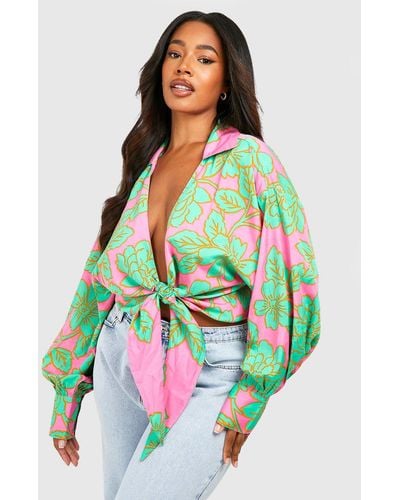 Boohoo Plus Floral Tie Front Shirt - Pink