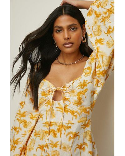 Oasis Linen Mix Palm Printed Tie Shoulder Dress in Metallic Lyst UK