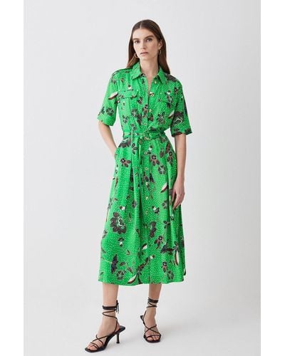 Karen Millen Floral Batik Premium Linen Woven Shirt Dress - Green
