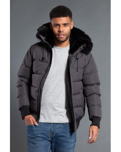 Nines Short Padded Parka Jacket With Faux Fur Hood - Grey