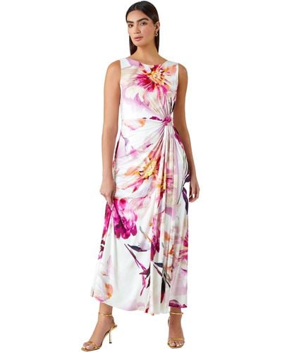 Ariella Floral Drape Twist Ruched Maxi Dress - White