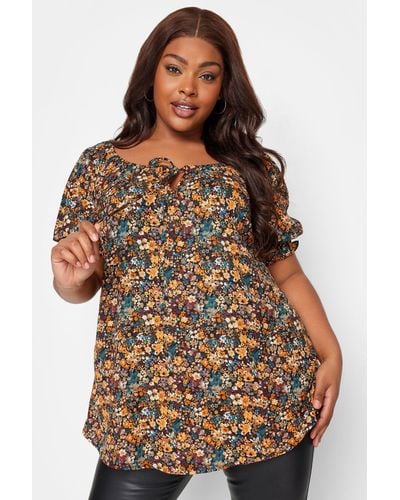 Yours Puff Sleeve Gypsy Top - Brown