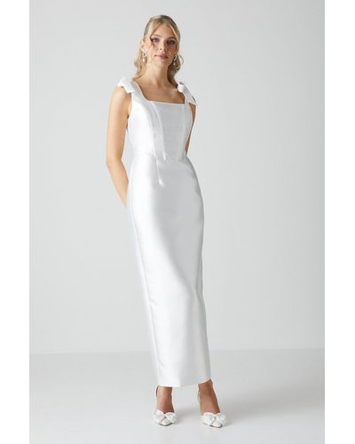 Coast Tie Shoulder Corseted Satin Column Dress - White