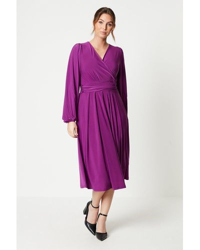 Wallis Jersey Wrap Long Sleeve Pleated Midi Dress - Purple