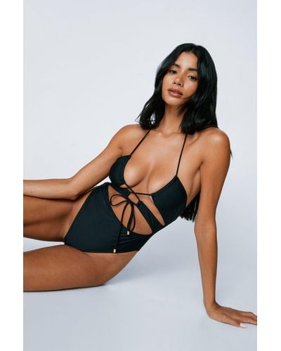 Nasty Gal Recycled Ruched Tie Cut Out Halterneck Swimsuit - Black