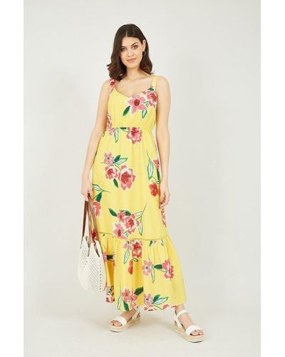 Yumi' Yellow Oversized Floral Maxi Dress - Metallic