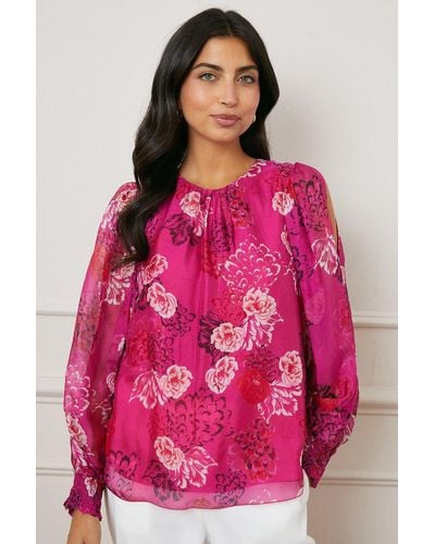 Wallis Silk Mix Floral Split Sleeve Blouse - Pink