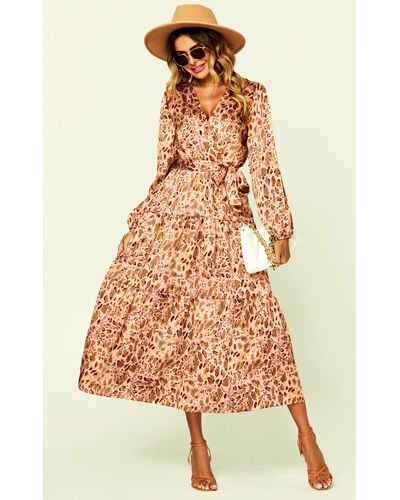 FS Collection Animal Print Long Sleeve Wrap Dress In Nude Brown
