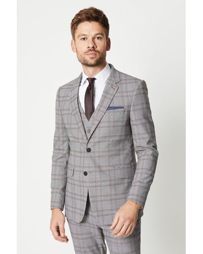 Burton Skinny Fit Brown Retro Check Suit Jacket - Blue