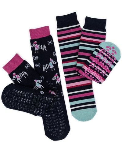 Totes Single Pack Of Zebra/stripe Print Treaded Slipper Socks - Blue