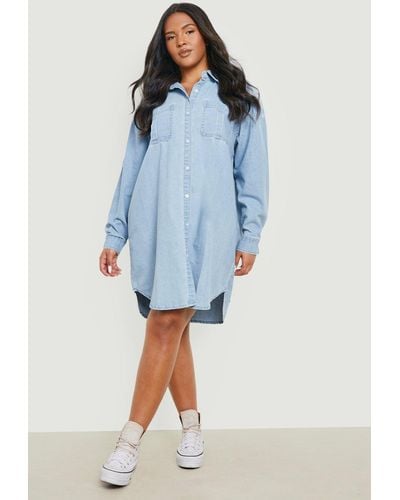 Boohoo Plus Button Down Denim Shirt Dress - Blue