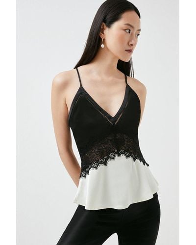 Karen Millen Hammered Satin & Lace Woven Strappy Cami - Black