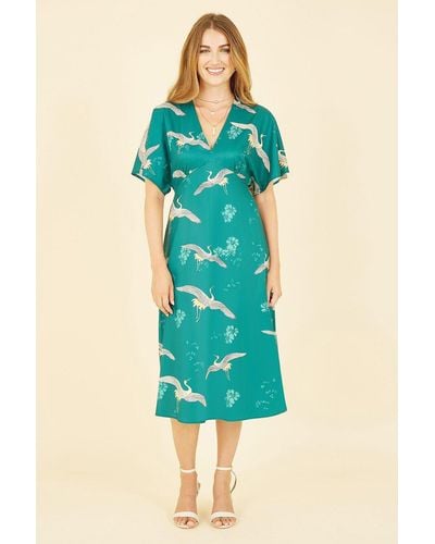 Yumi' Green Crane Print Kimono Midi Dress