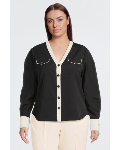 Karen Millen Plus Size Contrast Twill Long Sleeve Button Up Shirt - Black