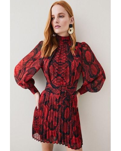 Karen Millen Petite Snake Print Georgette Pleated Woven Mini Dress - Red