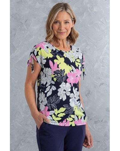 Anna Rose Tie Sleeve Textured Floral Print Top - Grey