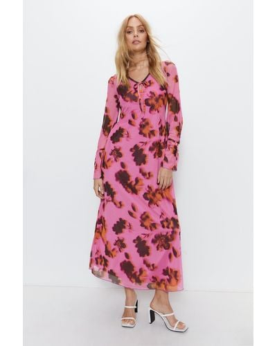 Warehouse Floral Print Tie Front Flute Sleeve Midi Dress - Red