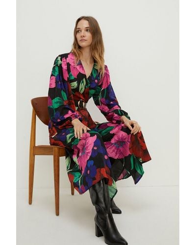 Oasis Large Scale Bold Floral Wrap Midi Dress - Red