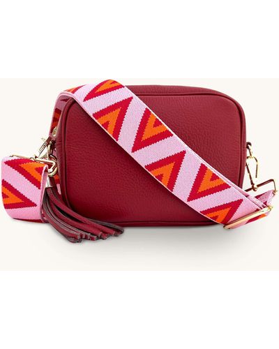 Apatchy London Cherry Red Leather Crossbody Bag With Pink & Orange Triangle Strap