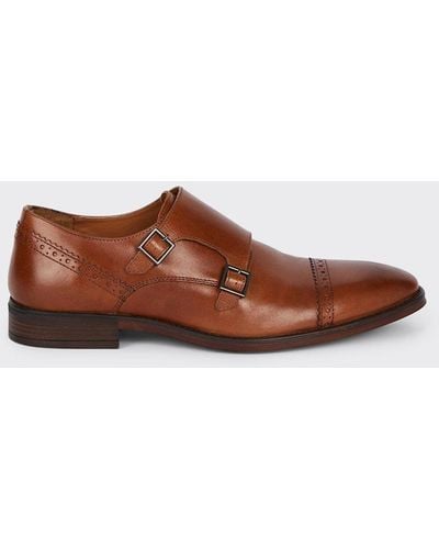 Burton Tan Leather Smart Brogue Monk Shoes - Brown