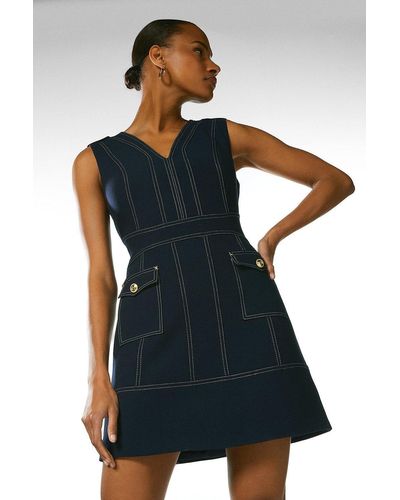 Karen Millen Compact Stretch Contrast Stitch A Line Dress - Blue