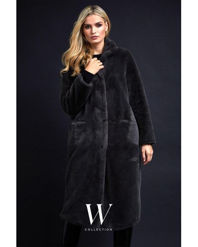 Wallis Charcoal Faux Fur Funnel Midi Coat - Blue