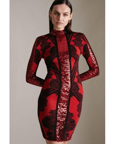 Karen Millen Sequin Front Jacquard Knit Dress - Red