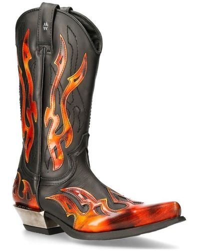 New Rock Flame Accented/red Mid-calf Cowboy Boots-7921-s2 - Brown
