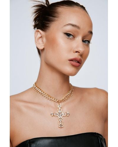 Nasty Gal Embellished Cross Pendant Necklace - Natural