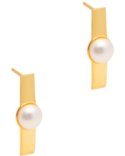 Pure Luxuries Gift Packaged 'kitty' 18ct Yellow Gold Plated 925 Silver Linear Bar & Freshwater Pearl Earrings - White