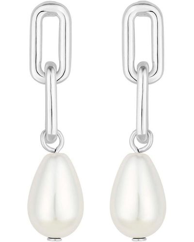 Mood Silver Chain Link Pearl Drop Earrings - White